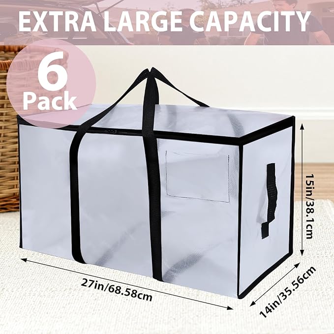 6 Pack Moving Bags Heavy Duty, Extra Large Moving Bags, Moving Supplies, Storage Bags with Handles and Zippers, Waterproof Totes for Storage Space Saving Packaging Shipping and Travel(Clear）