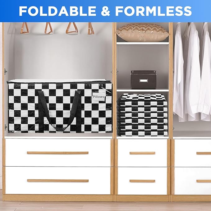 Extra Large Moving Bags Heavy Duty Storage Bags with Zipper Handles, BETU 4 Pack Clothes Storage Totes Bins Packing Moving Boxes, Moving Supplies for College Dorm Essentials, Space Saving,White Plaid