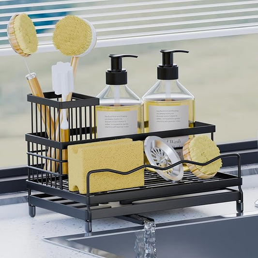 Sponge Holder for Kitchen, Sink Caddy with Tall Brush Holder & Quick-Drain Tray, 360° Swivel Spout, Stainless Steel Sink Organizer, All-in-One Organizer for Sponges, Brushes & Soap
