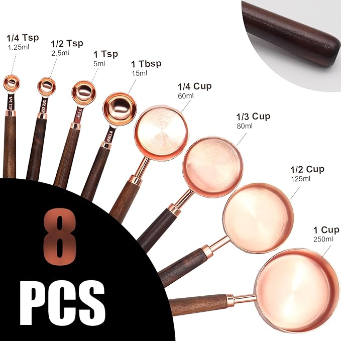 SHIKORI Gold Measuring Cups and Spoons Set with Wood Handles, Premium Stainless Steel Measuring Spoons and Measuring Cups Set-Rose Gold