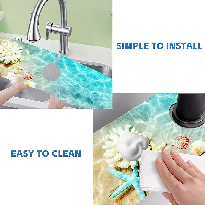 Beach Dish Drying Mat for Kitchen Sink Starfish Coral and Seashell Splash Guard Behind Faucet Sink Mat Absorbent Fast Drying Faucet Draining Mat for Bathroom Kitchen 5.5"×24"
