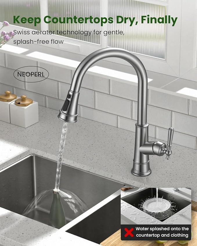 APPASO Pull Down Kitchen Faucet with Sprayer, Stainless Steel Single Handle High Arc Single Hole Pull Out Kitchen Sink Faucets Brushed Nickel, cUPC-Certified Pull-Out Hose, Water Supplies & Valve
