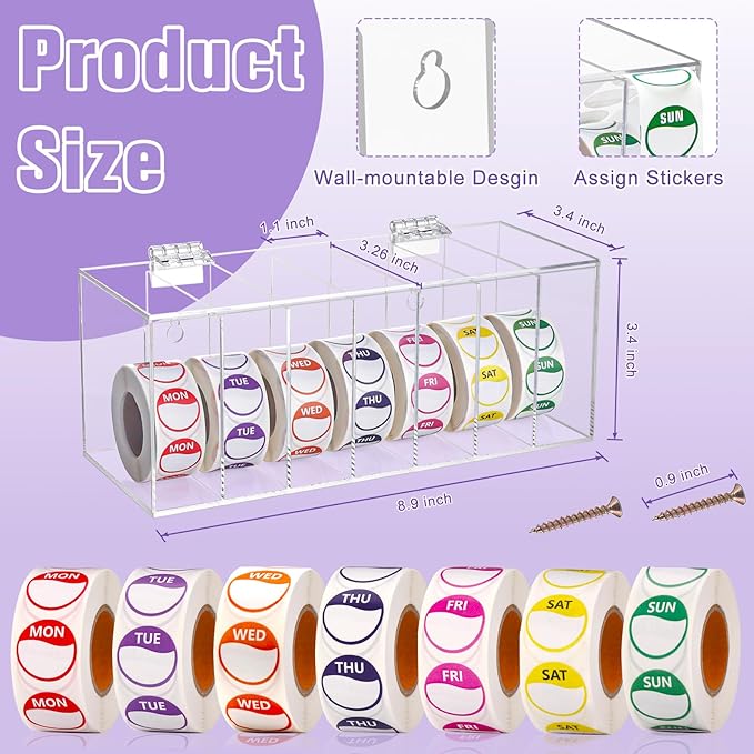 3500 PCS 7 Days of The Week Stickers 1 Inch Sticker Roll Dispenser Holder Acrylic Day Dot Dispenser Food Date Labels Stickers Monday to Sunday for Kitchen Restaurant Expiration Date