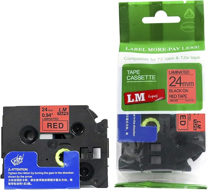 1/Pack LM Tapes - LMe451 Premium 1" Black Print on Red Label Compatible with Brother TZe-451 P-Touch and Includes Tape Color/Size Guide. Replaces TZ-451 24mm 0.94 Laminated Ptouch.