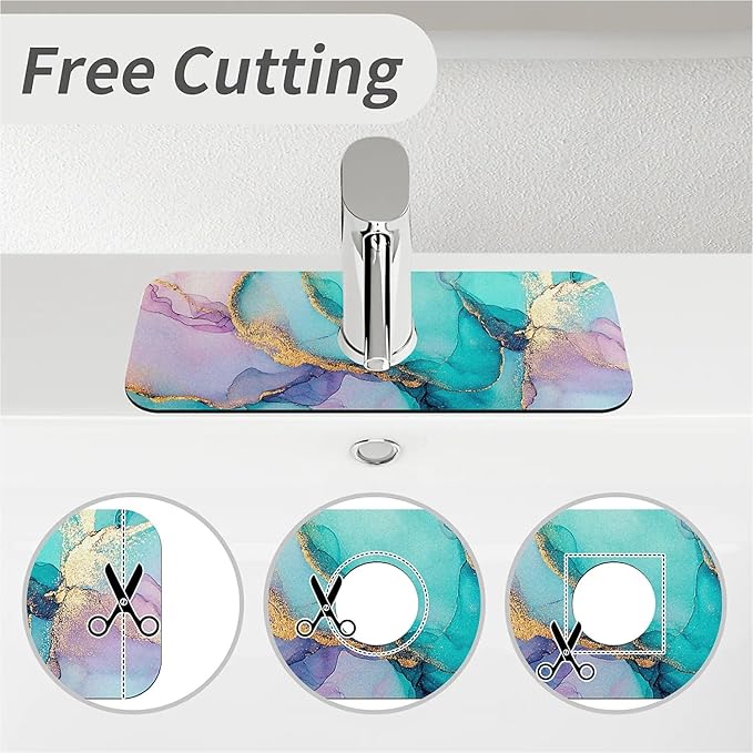 Kitchen Sink Splash Guard，Turquoise lilac gold marble Faucet Mat Sink Gadgets-Super Absorbent Fast Drying Mat Drip Catcher for Kitchen, Bathroom,Sink Mat, Dish Drying Mat, Bathroom(15" X 5.5" )