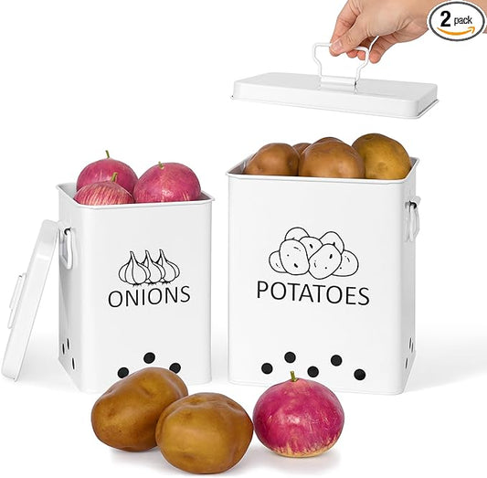Potato and Onion Storage Bin, Set of 2 Vegetable Storage Tins with Metal Lids & Side Handles, Dual-row Ventilation Holes, Farmhouse Metal Kitchen Canisters Sets, White