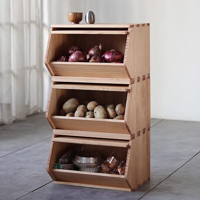 Stackable Solid Wood Storage Chests,Hall Entryway Cabinet,Modular Wooden Multi-use Box,Bins with Lids,Closet Storage Organizers,Drawers,Potato,Onion,Bread,Classify by Items,19.5”W(3 Pack)