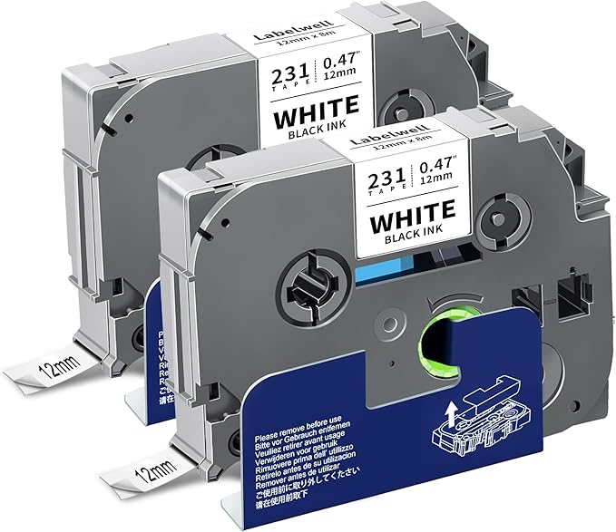 Labelwell TZe-2312pk TZ Tape 12mm 0.47 Laminated White Compatible for Brother Ptouch Label Maker Tape TZe-231 TZe231 TZ-231 Refills for P Touch PT-D210 PTD220 H110 D610BT D400, 1/2" x 26.2 ft, 2-Pack
