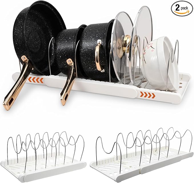 2 Pcs Expandable Pot and Pan Organizer, Adjustable Pot Lid Holder with 7 Dividers Under Cabinet White Plastic Cookware Rack for Kitchen, Cabinet, Cookware - Space-Saving