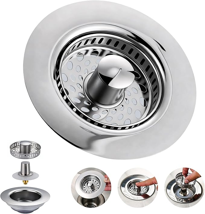 ARCORA Kitchen Sink Drain Strainer: Stainless Steel 3 in 1 Sink Stopper with Anti-Clogging Basket, Kitchen Strainer with Brass Bounce Core for Standard 3-1/2 Inch Drain, Chrome
