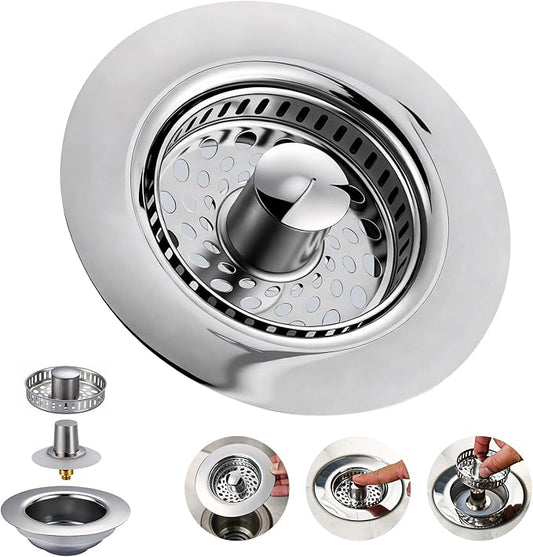 ARCORA Kitchen Sink Drain Strainer: Stainless Steel 3 in 1 Sink Stopper with Anti-Clogging Basket, Kitchen Strainer with Brass Bounce Core for Standard 3-1/2 Inch Drain, Chrome