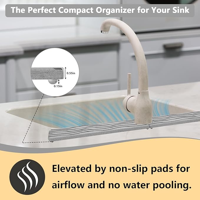 Stone Faucet Mat for Kitchen Sink - Drying Stone with Non-slip Pads, Sink Water Splash Guard for Bathroom Counter, Sink Caddy Holds Soap & Tools, 23.6 × 3.9in, Light Gray, Wavy Motifs