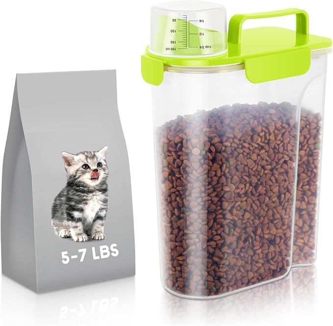 5-7Lbs/6Qt Dog Cat Storage Container Portable with Upgraded Large Spout and Cup, Plastic Pet Food Dispenser for Small Animal Kibble, Bird Bird Seed, Oatmeal, Rice, Flour, Brown Sugart-Bright Green