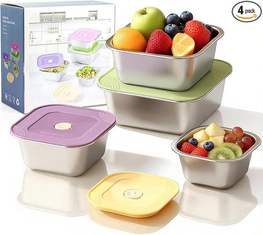 4-Piece Stainless Steel Snack & Lunch Box with Lids Set (Size 4.5", 5.5", 6.3", 7"), Stackable Metal Food Storage Containers, Airtight Leakproof Lunch Containers, Dishwasher Safe Bento Box