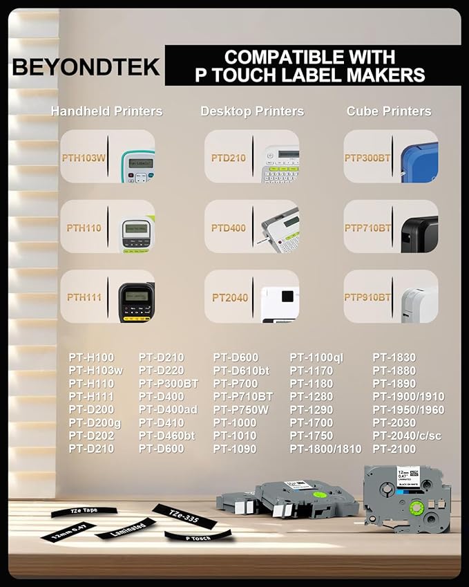 Tze-335 TZe335 Black Label Maker Tape Compatible with Brother P Touch Label Tape TZ TZe 12mm 0.47 Laminated with P Touch PT-H110 PT-D210 PT-D400 PT-D600,White on Black 4-Pack