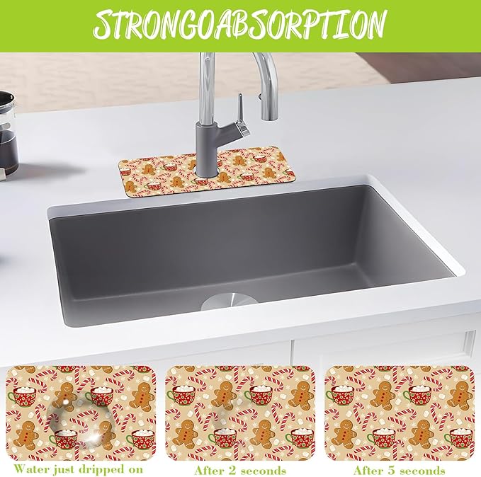 Chrismas Sink Splash Guard Faucet Mat Christmas Absorbent Fast Drying Mat Sink Gadgets Splash Guard Behind Faucet Drip Catcher for Kitchen Bathroom 15.5"X5.5"