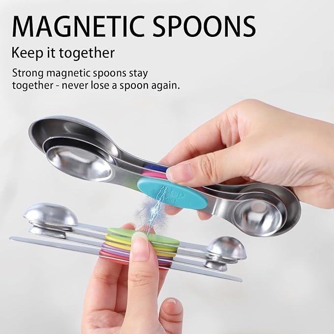 MiorBiit 12 PCS Measuring Cups and Spoons Set Stainless Steel, 5 Measuring Cups with Colorful Silicone Handle and 6 Double-Sided Magnetic Measuring Spoons & 1 Leveler for Cooking and Baking (5+6+1)