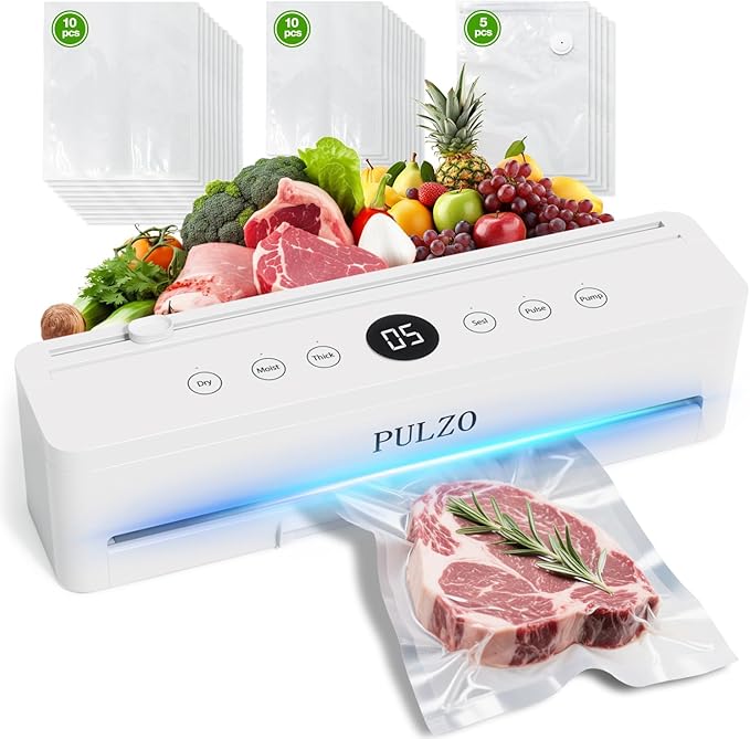 Vacuum Sealer Machine, 85KPa True-Auto Vacuum Sealer for Food, Dry/Wet Modes, External Sliding Blade, Removable Drip tray, Includes Free Bags (25 Pre-cut)