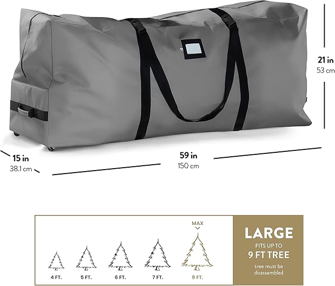 ZOBER 600D Oxford Fabric Large Rolling Christmas Tree Storage Bag - Fits 9 Ft Artificial Trees - Waterproof Christmas Tree Bag For Storage Box For Xmas, Durable Handles and Wheels - Card Slot - Gray