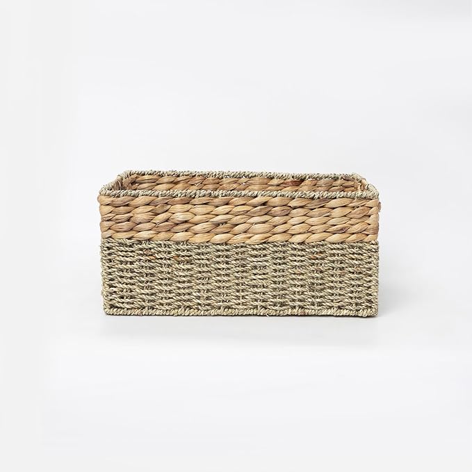 YAHUAN Natural Water Hyacinth & Seagrass Woven Storage Baskets – Wicker Storage Basket Organizer Bins with Handles for Home & Office Pantry Shelf (Small)