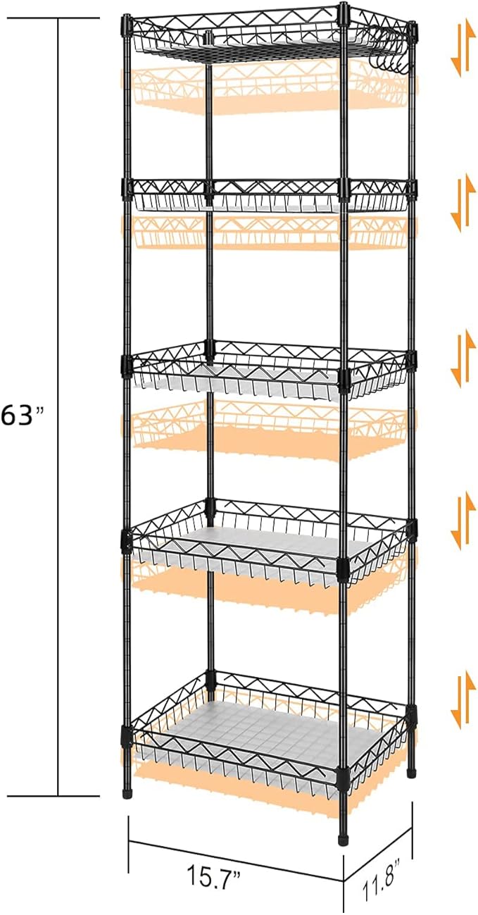Storage Shelves, 5-Tier Wire Shelving Unit with Baskets Storage Rack Corner Shelf Shelving Adjustable Storage Shelf, 11.8" D x 15.7" W x 63" H, Black