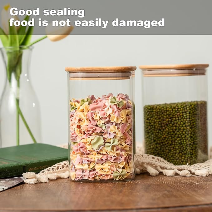 50oz Glass Food Storage Jars Set of 6,Glass Storage Containers Clear Glass Food Canister with Bamboo Lid Airtight For Serving Tea, Coffee, Flour, Sugar, Candy, Cookie, Spice and More (Square)