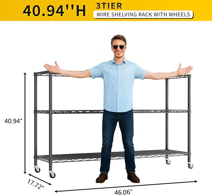 VINGLI 3 Tier Metal Storage Shelves 41''H Wire Shelving with Wheels for Storage Adjustable Heavy Duty Garage Shelving Storage Racks for Pantry Shelves Kitchen Office Garage, 41''H X46''W X17''D