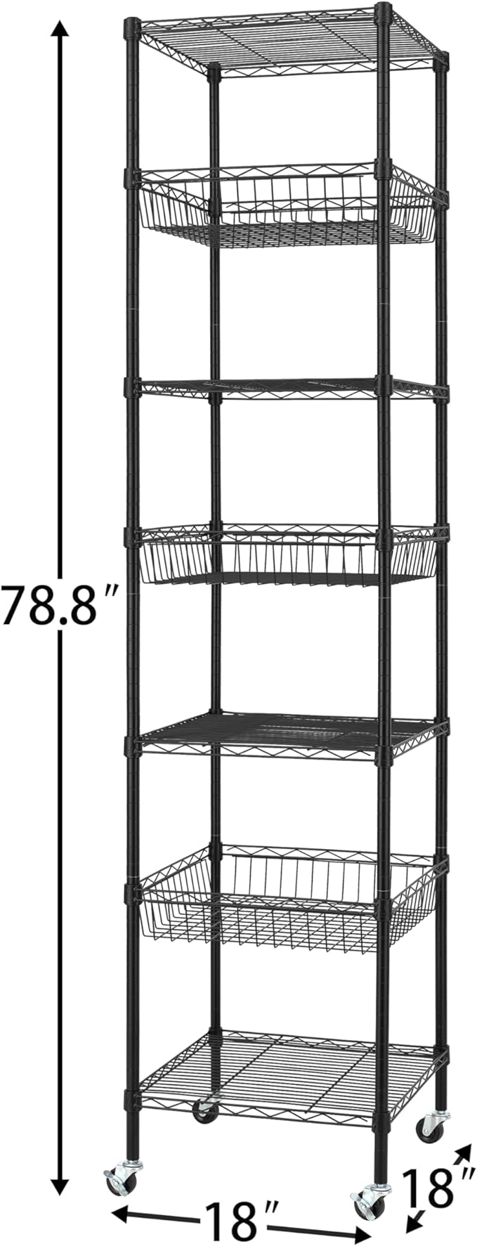 Finnhomy Heavy Duty 7 Tier Wire Shelving Unit with Wheels 18x18x78.8-inches 7 Shelves Metal Storage Rack Thicken Steel Tube, Adjustable Shelving Rack for Kitchen Bathroom Office, NSF Certified, Black