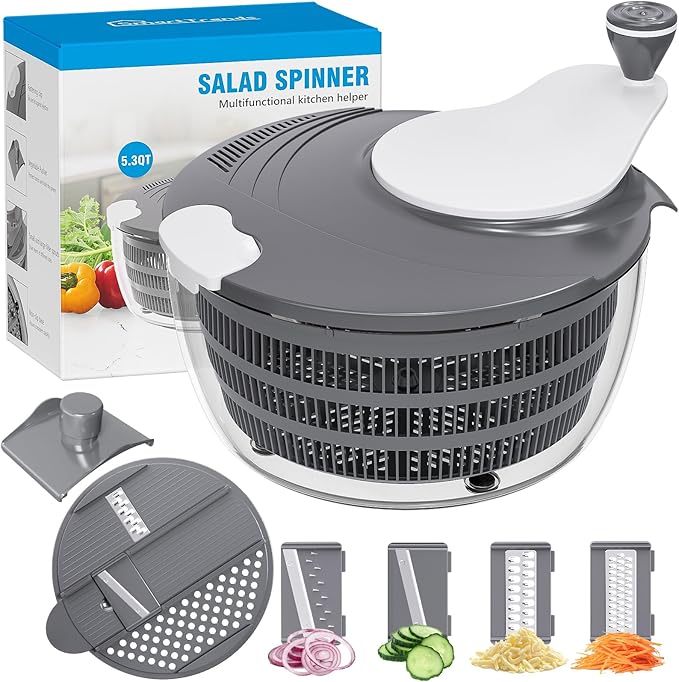 SmartTrends Salad Spinner, 5.3 QT Lettuce Spinner with Strainer, Fruit Cleaner with 4 Replaceable Blade for Shredding, Slicing and Pureeing, Salad Washer & Dryer for Quick Washing (Grey)