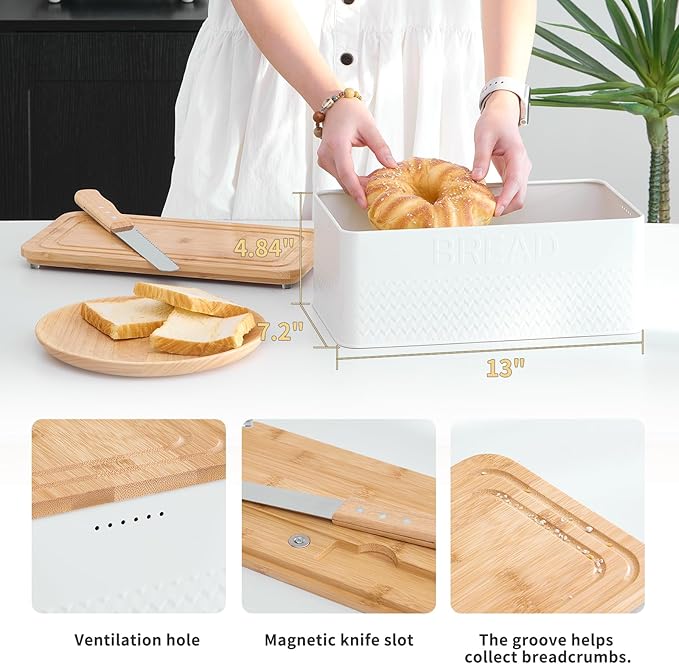 Furshus Bread Box for Kitchen Countertop,Metal Bread Storage Bin with Bamboo Cutting Board Lid, Includes Bread Knife, Fits Sourdough & Buns, Stylish Organize (White)