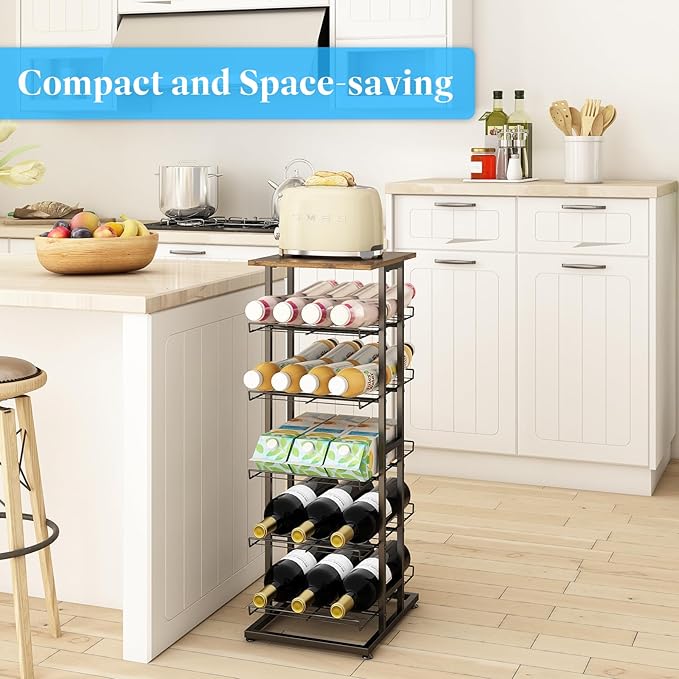 GILLAS 3 5 6 7 8 Tier Water Bottle Storage with Wooden Tabletop,Metal Beverage Can Rack,Large Capacity Bottled Rack Water Bottle Holder Stand for Cabinet,Countertop Kitchen,Party,Black
