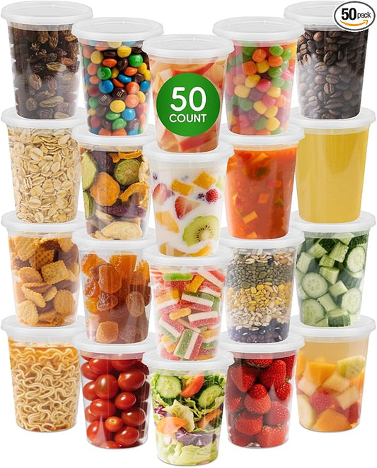 UMT Plastar 50 Pack 32 oz Plastic Food Containers with Lids BPA Free Stackable Leakproof Deli Containers for Meal Prep Slime Soup Microwave Freezer Dishwasher Safe