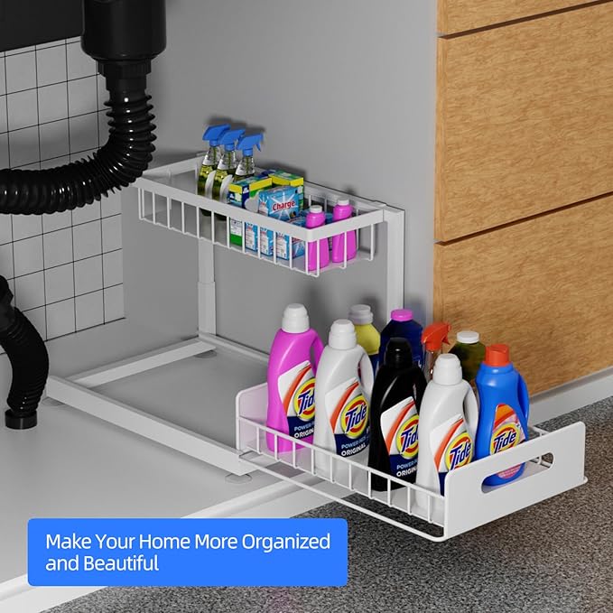 Lxmons 2-Tier Under Sink Slide Out Organizer, Pull Out Cabinet Storage Shelf with Sliding Wire Basket Drawer for Bathroom Kitchen, Countertop or Pantry Shelf, White