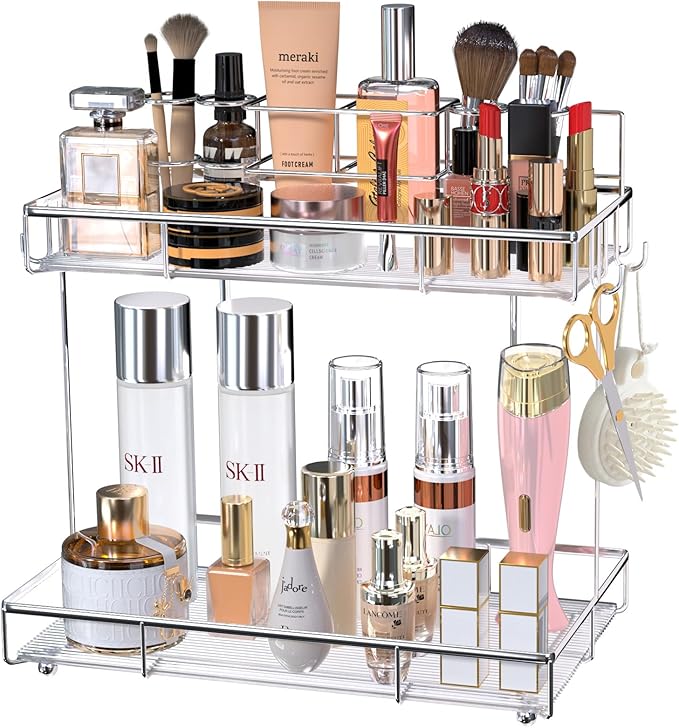 Megier 2 Tier Chrome Bathroom Organizer Countertop, Small Countertop Organizer for Bathroom Decor, Kitchen Counter Shelf for Spice Rack and Snack, Vanity Makeup Organizers Tray for Bedroom (Chrome)