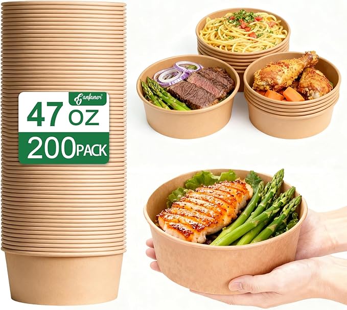 ganfaner 47 Oz Bulk Pack Disposable meal prep Round Paper Bowls with Lids,200 Sets Leakproof Microwave-Safe Deli Containers, Bulk Pack for Salad, Soup, Pho,Acai & Picnic, Sturdy for Food Toppings
