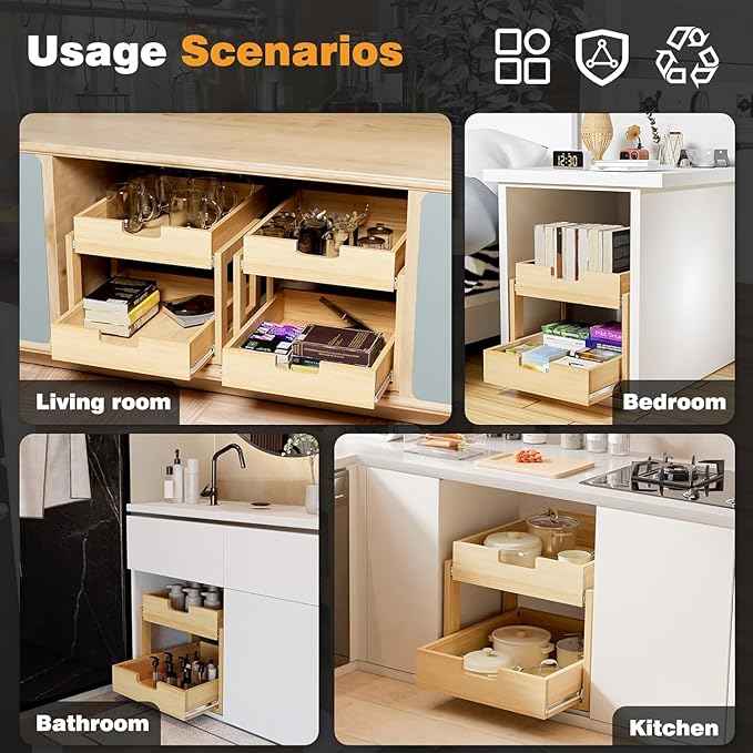 Pull Out Cabinet Organizer, 20''W×21''D Sliding Drawers for Cabinets, 2 Tier Soft Close Slide Out Wooden Pull out Drawers, Base Cabinet Organization for Kitchen, Pantry