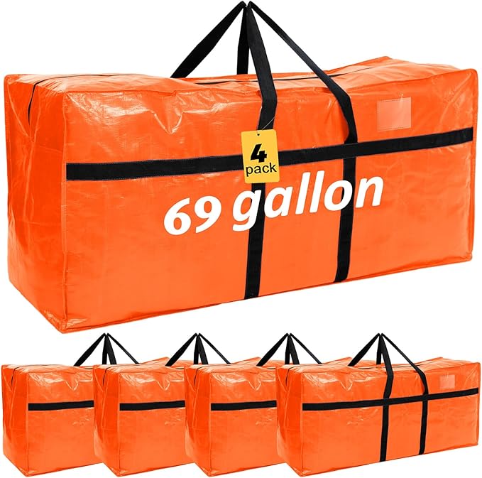 Windyun 4 Pack 69 Gallon Extra Large Moving Bags XXL Heavy Duty Storage Bag with Strong Zipper Handle Jumbo Big Tote Box Foldable for College Dorm Travel Clothes Duffle Blanket Pillow(Orange)