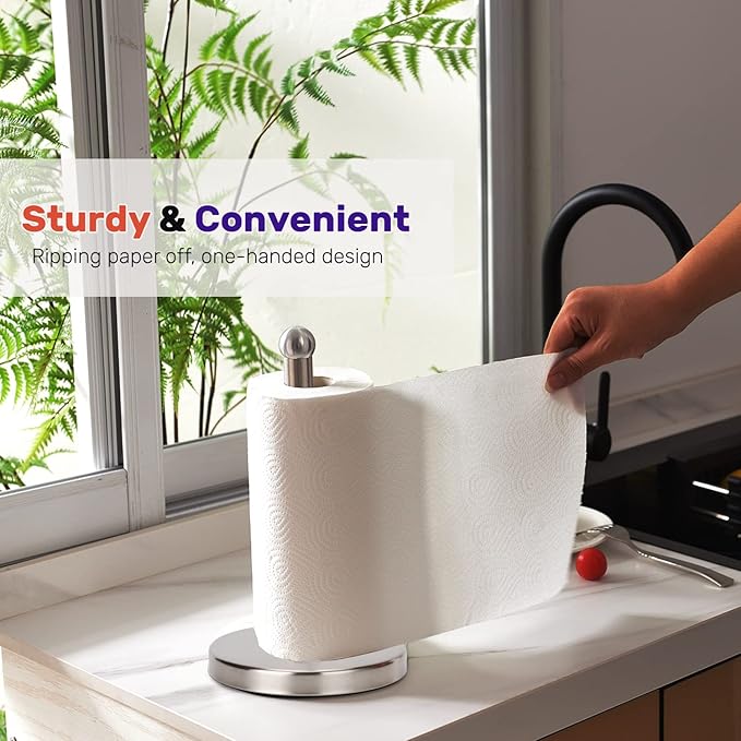Heavy Weighted Towel Holder, Easy One-Handed Design for Kitchen Stand Dispenser, Sturdy Base for Standard and Mega Paper Rolls (Brushed - Stainless Steel Base)