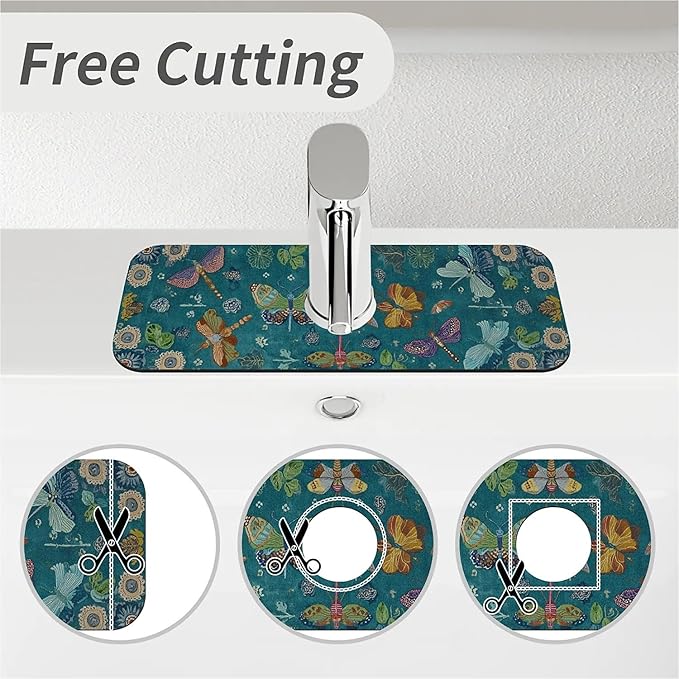 Kitchen Sink Splash Guard，Butterflies and dragonflies Faucet Mat Sink Gadgets-Super Absorbent Fast Drying Mat Drip Catcher for Kitchen, Bathroom,Sink Mat, Dish Drying Mat, Bathroom(15" X 5.5" )