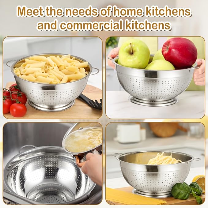 Maxdot 2 Pack 8 Quart Heavy Duty Stainless Steel Colander with Footed Base and Handles Pasta Spaghetti Berry Fruit Vegetable Kitchen Food Strainer Basket