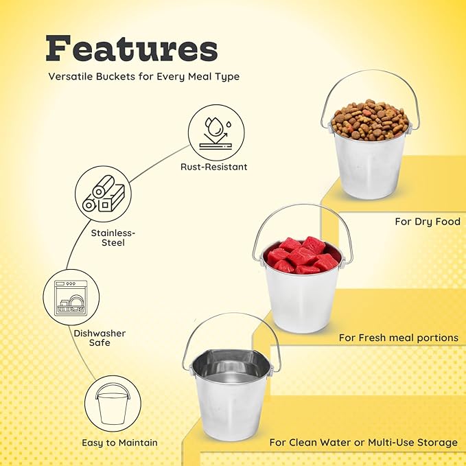 9 quart Stainless Steel Flat Side Bucket | 2.25 gal Durable Heavy Duty Food & Water Feeding Pails for Dog Goat Sheep horse | Fits kennel Cage Critter Crate Hanging Pet Pail | Multipurpose