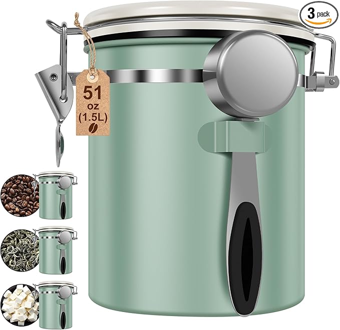 3PCS Coffee Storage Canister,1.5L 51OZ Double Airtight Coffee Beans Container with Date Locator,304 Stainless Steel Kitchen Food Storage Container with Spoon,for Coffee Beans Grounds Tea Sugar