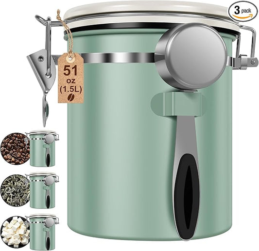 3PCS Coffee Storage Canister,1.5L 51OZ Double Airtight Coffee Beans Container with Date Locator,304 Stainless Steel Kitchen Food Storage Container with Spoon,for Coffee Beans Grounds Tea Sugar