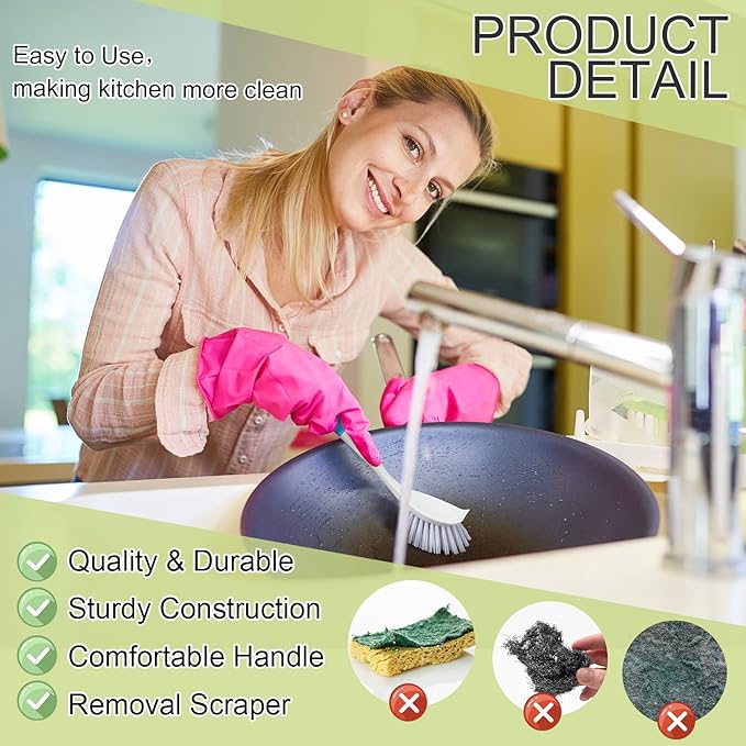 Dish Brush with Handle Kitchen Scrub Brush Pot and Pan Cleaning Dish Scrubber with Stiff Bristle for Cookware Sink Washing Household, 4 Colors, 11.02 x 3.15 x 0.98 Inch(4 Pcs)