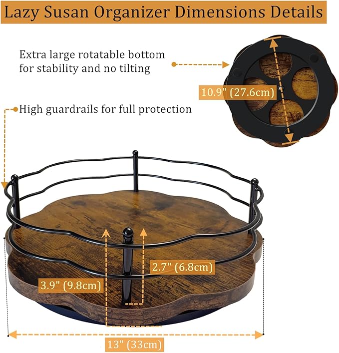 BaiWinlar 13" Lazy Susan Turntable Organizer with Higher Metal Sides, 360° Rotating Wooden Lazy Susan Organization and Storage for Cabinet,Kitchen,Countertop,Table Top,Dining Table,Coffee Bar Decor