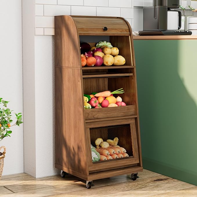 Movable Potato and Onion Storage Bins Box, Mid Century Modern Fruit and Vegetable Basket Storage with Sliding Door and Wheels, Food Kitchen Pantry Cabinet, Wooden Bread Storage, Walnut, Flip-top