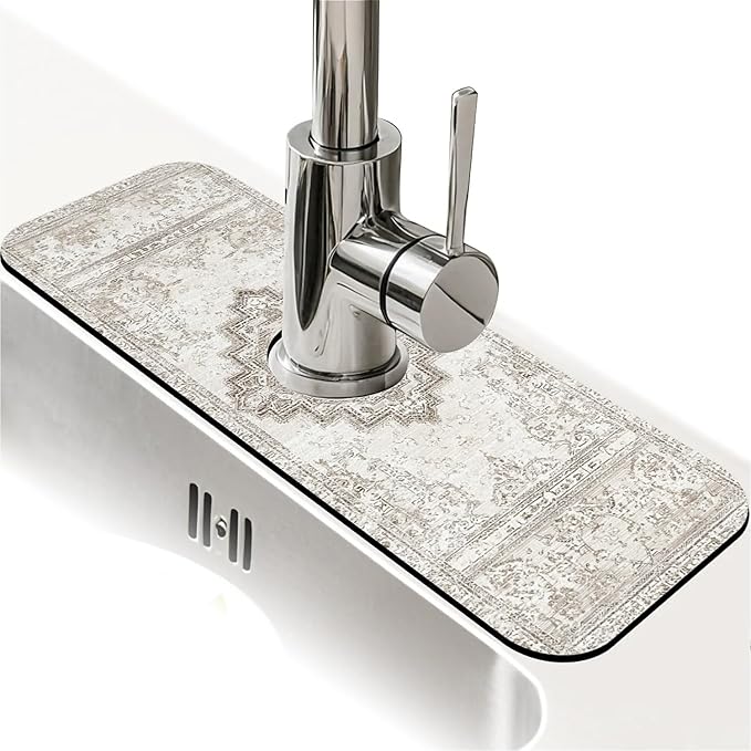 Kitchen Sink Splash Guard，Beige vintage Bohemian Faucet Mat Sink Gadgets-Super Absorbent Fast Drying Mat Drip Catcher for Kitchen, Bathroom,Sink Mat, Dish Drying Mat, Bathroom(15" X 5.5" )