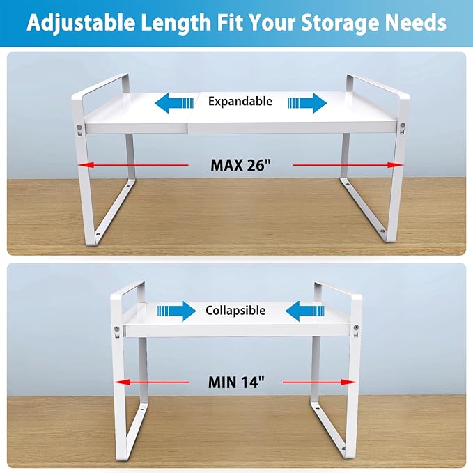 9'' Wide Expandable Cabinet Shelf Organizer Rack Adjustable Length 14''-26'' Pantry Shelf Spice Rack Heavy Duty Nonslip Kitchen Counter Storage Shelves Pantry Cupboard Under Sink Countertop, White