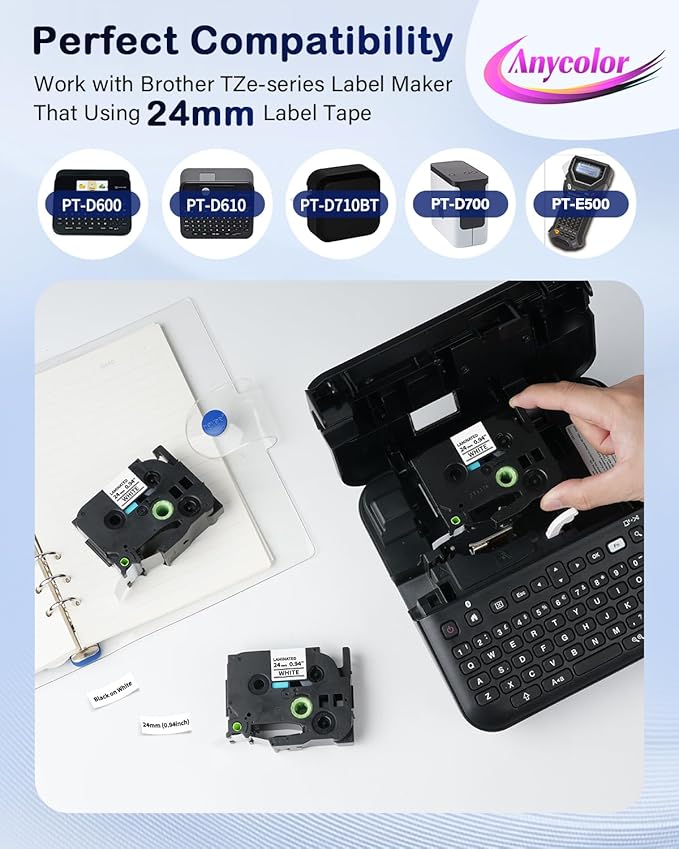 Anycolor TZe-251 24mm 0.94 Laminated White Label Maker Tape Replace for Brother P Touch Label Tape TZe251 TZ-251 1 Inch TZe Tz Tape Work for Brother PT-D600 PT-D610BT PT-P710BT 910BT, 5-Pack