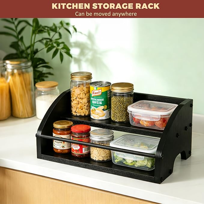 HRUSGO Countertop Spice Rack – Wooden Display Shelf for Kitchen, Coffee Bar, or Home Storage, Compact Stand for Jars, Syrups, Condiments & Bottles (2-Tier)
